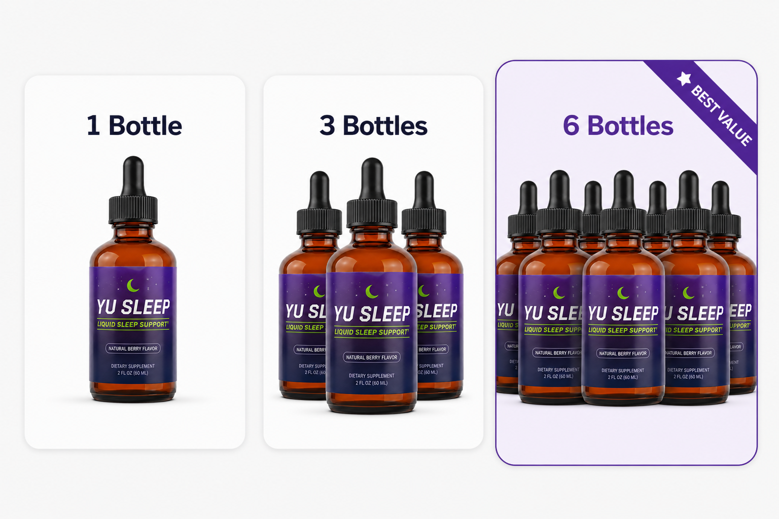 YU Sleep package options with one bottle for $69, three bottles for $177 and six bottles for $234